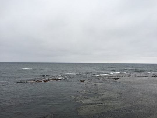あいにくの天気の中、静かに波が揺れる北海道の海